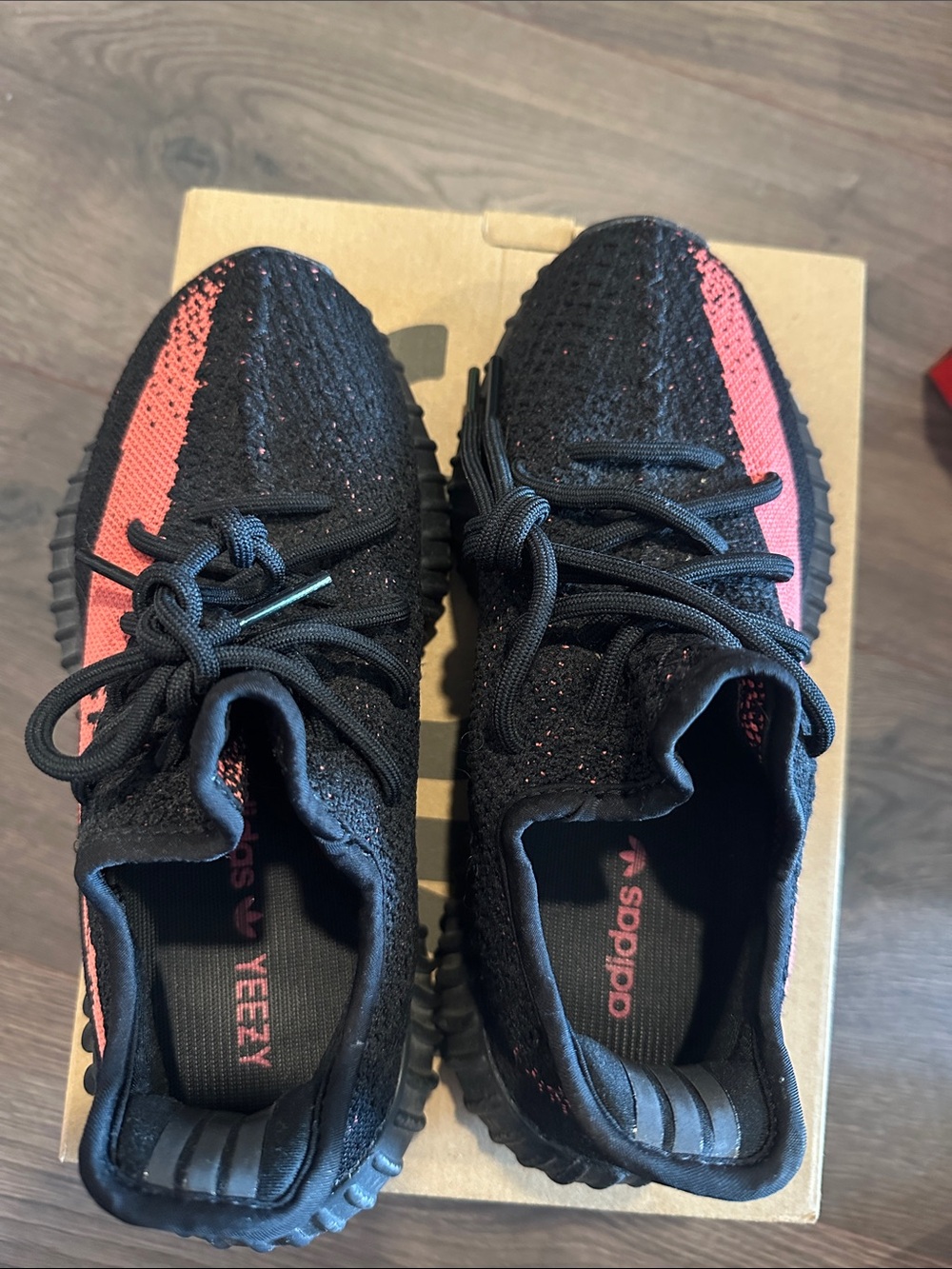 adidas Black and Coral/Red Yeezy Boost-Style Knit Sneakers
